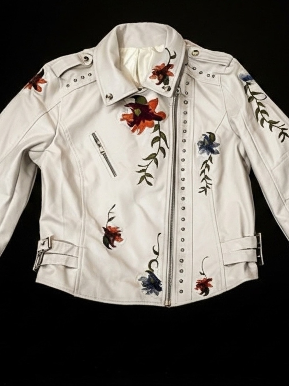 White Floral Embroidered Faux-Leather Moto Jacket - Picture 1 of 3